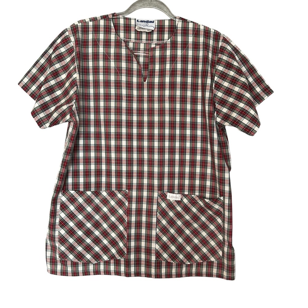 Vintage Scrub Top Women Size Medium‎ Plaid Preppy Grand Millennial Medical Nurse